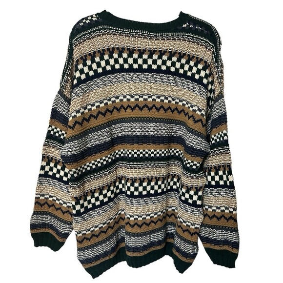 VTG 90s Eddie Bauer Mens XL Chunky Knit Striped Brown Black Sweater Cotton USA - Picture 4 of 7